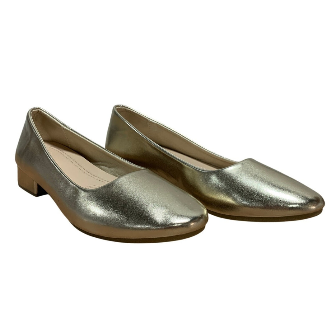 Jeekopeg Womens Size 9 Gold 1.25" Chunky Heel Round Closed Toe PU Leather Shoes