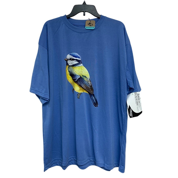 New Hand Printed Womens 3XL Yellow Blue Wild Bird Short Sleeve Crew Neck T Shirt