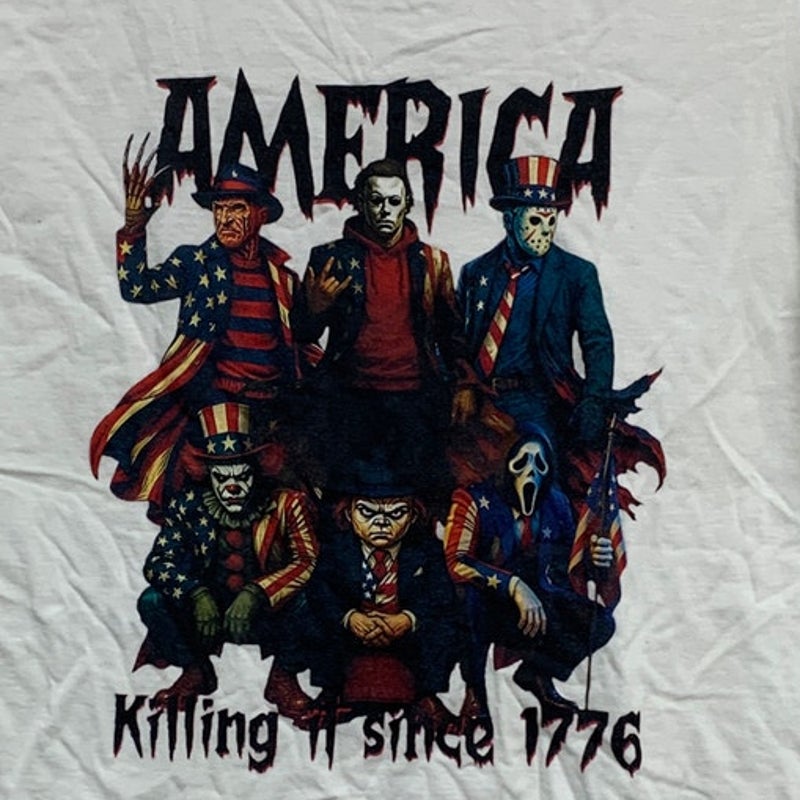Gildan Women’s Medium “America Killing It Since 1776” Horror T-Shirt, NWT