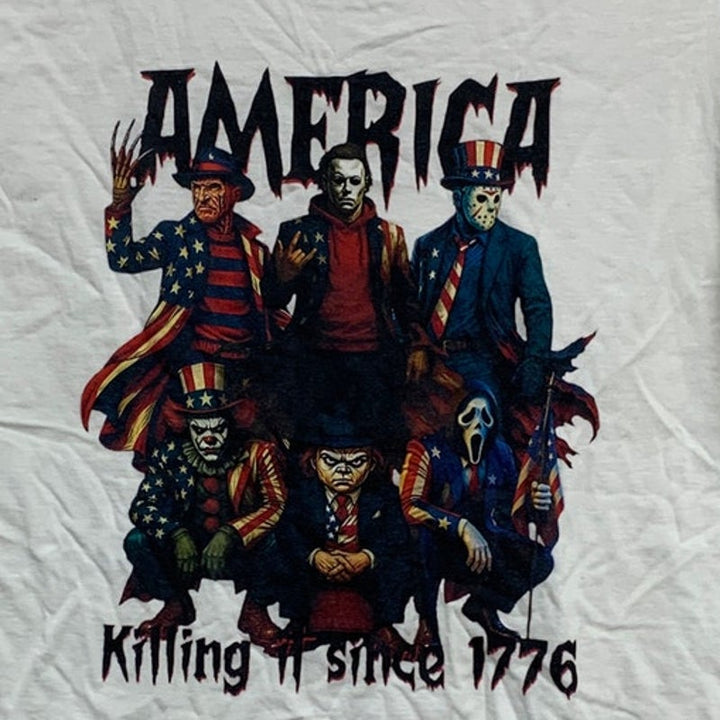 Gildan Women’s Medium “America Killing It Since 1776” Horror T-Shirt, NWT