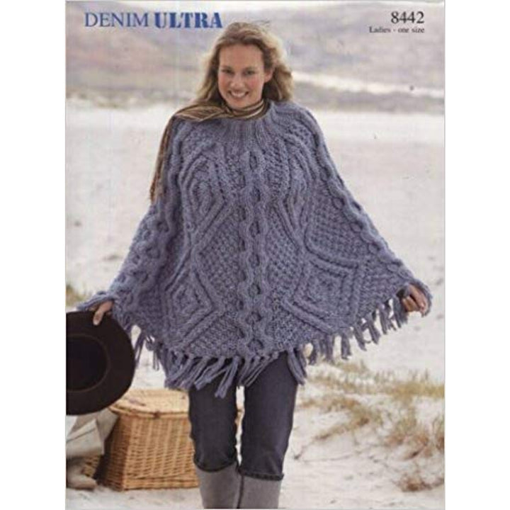 New Sirdar 8442 Denim Ultra Ladies Cabled Fringed Poncho Knitting Pattern