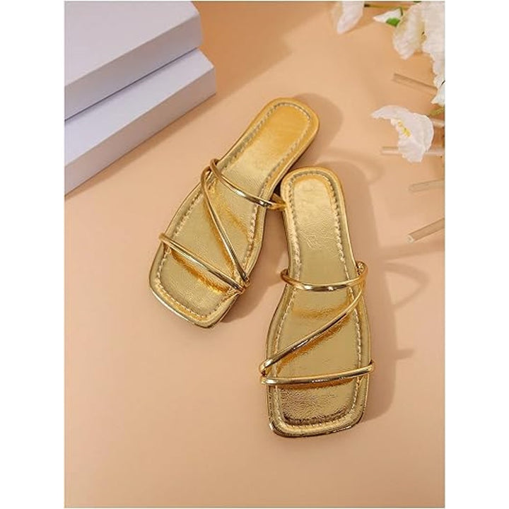 Gorglitter Womens Size 9 Gold Sandals Flats Strappy Open Square Toe Shoes