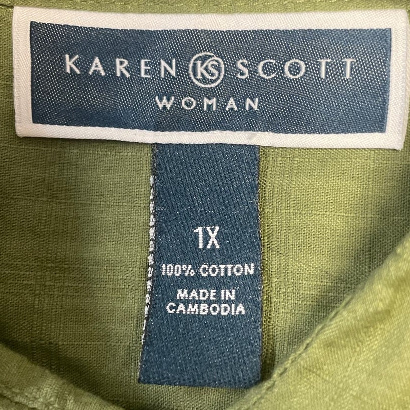 Karen Scott Womens Plus Size 1X 100% Cotton 3/4 Sleeve Button Up Collared Shirt