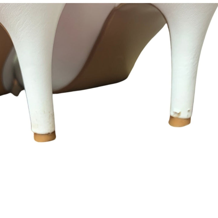 Idifu Womens Size 7.5 White Faux Leather Closed Toe 3" Heel Slide On Pumps Shoes