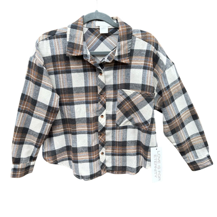 NWT New Life Womens Small PolyCotton Plaid Long Sleeve Cropped Button Up Shirt