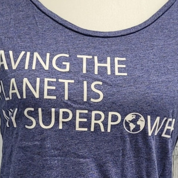 Hand Printed Upcycled Womens Medium Saving the Planet Superpower Long Sleeve Tee