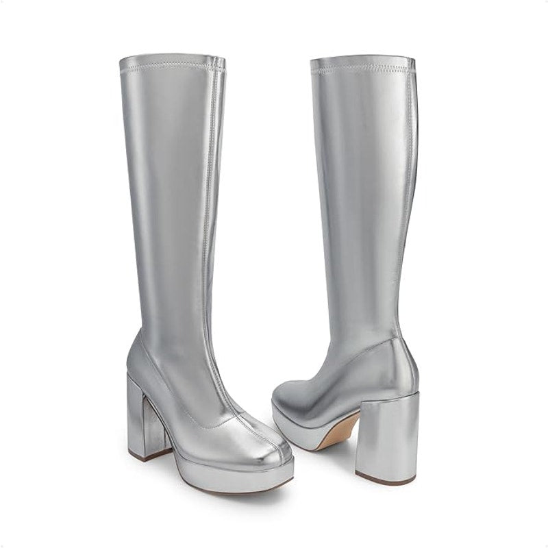 Dream Pairs Womens Size 8 Shiny Silver Zip 4" Platform Heel Knee High Gogo Boots