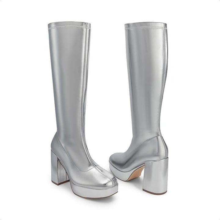 Dream Pairs Womens Size 8 Shiny Silver Zip 4" Platform Heel Knee High Gogo Boots