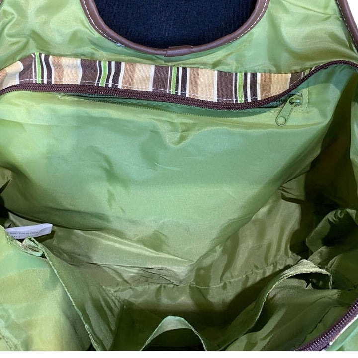 Sequin Striped Green Gold Brown Cotton Canvas Handbag Purse Tote Bag