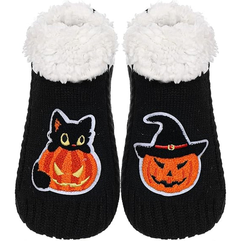 New Womens Medium Halloween Cat Fuzzy Grip Non Slip Fleece-lined Slipper Socks
