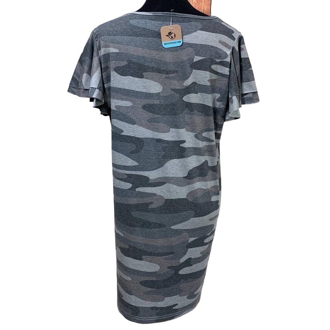 Hand Printed Upcycled Small Black Lab Dog Puppy Camouflage Ruffled T-Shirt Dress