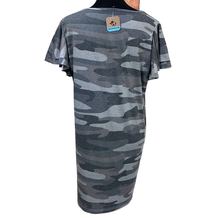 Hand Printed Upcycled Small Black Lab Dog Puppy Camouflage Ruffled T-Shirt Dress