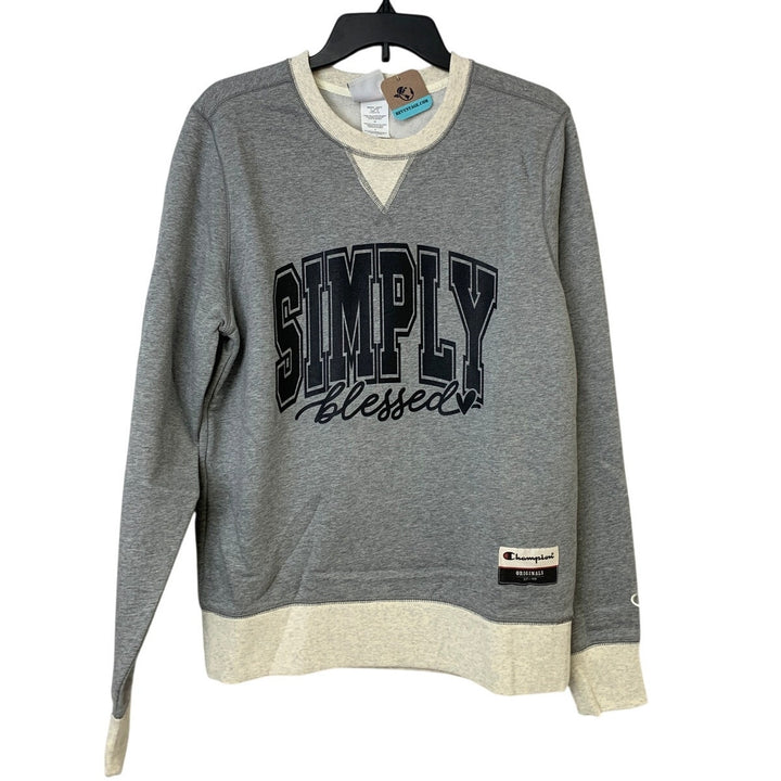 New Hand Printed Womens Small Simply Blessed Gray Cream Long Sleeve Sweatshirt