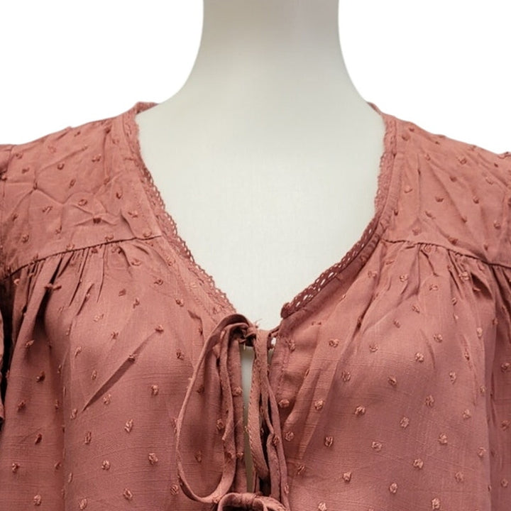 LA Hearts Womens Medium Rose Pink 100% Rayon Front Tie Short Sleeve Dotted Top