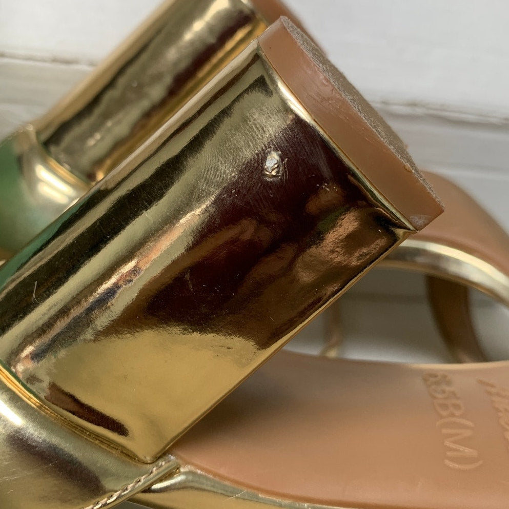 Ankis Womens Size 6.5 Gold Chunky Heel Open Toe Ankle Strap 2.75" Sandals Shoes