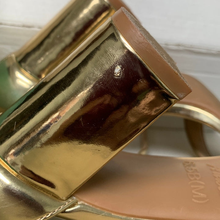 Ankis Womens Size 6.5 Gold Chunky Heel Open Toe Ankle Strap 2.75" Sandals Shoes