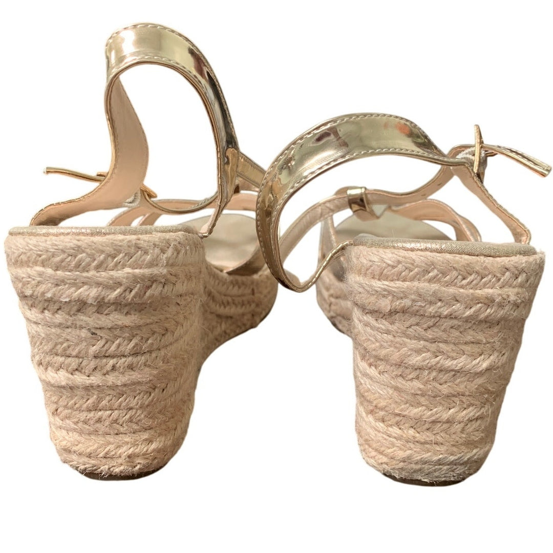 Makegsi Womens Size 10 Shiny Gold 4" Espadrille Wedge Heel Open Toe Sandal Shoes