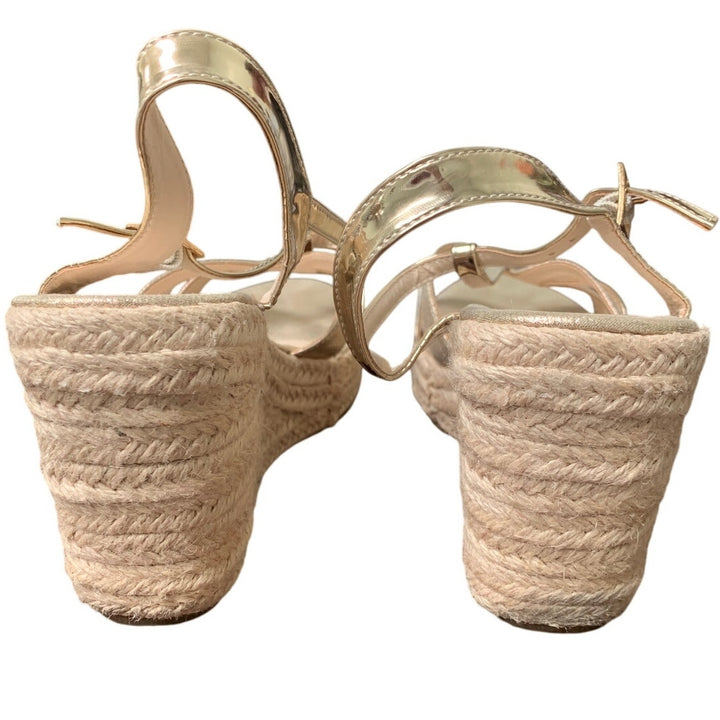Makegsi Womens Size 10 Shiny Gold 4" Espadrille Wedge Heel Open Toe Sandal Shoes