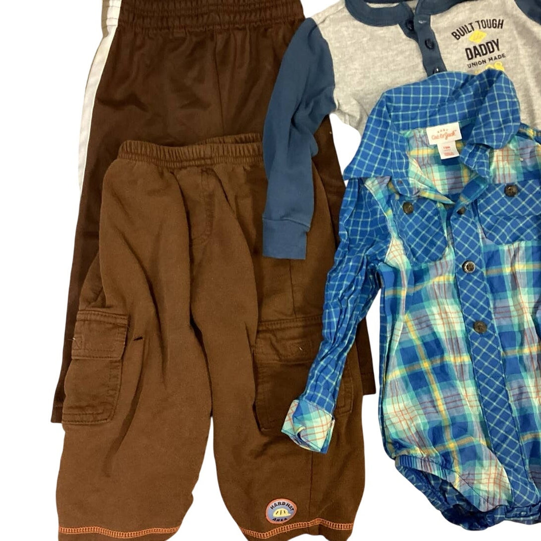 Lot of 6 Boys 12 Months Carters Cat &amp; Jack Plaid Stripe Top Overalls Brown Pants