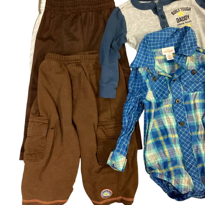 Lot of 6 Boys 12 Months Carters Cat &amp; Jack Plaid Stripe Top Overalls Brown Pants