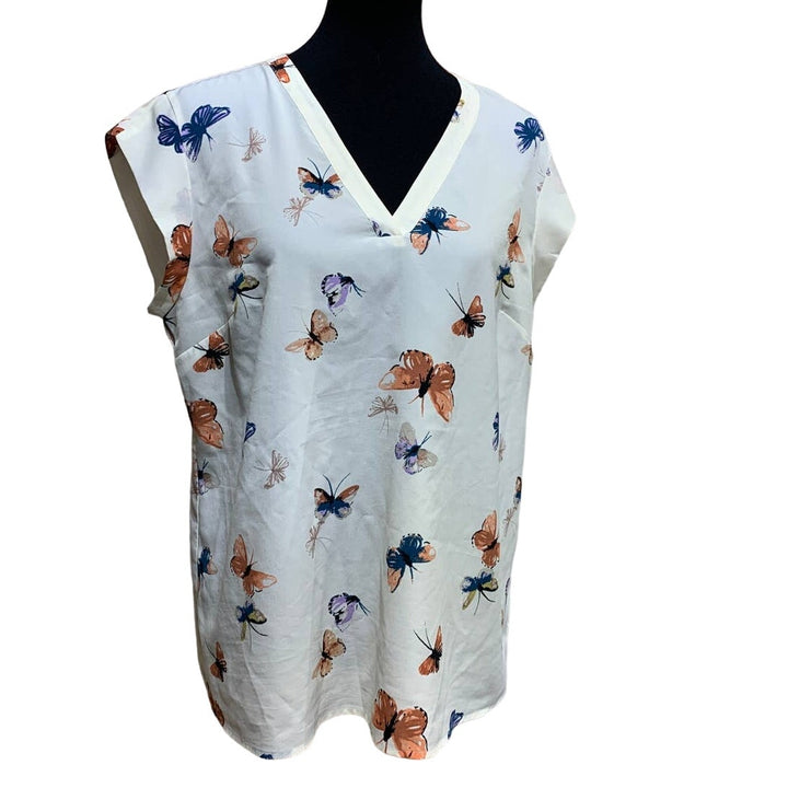 Elaine Rose Large 100% Polyester SIlky Feel Short Sleeve VNeck Butterfly Blouse