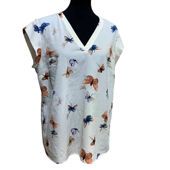 Elaine Rose Large 100% Polyester SIlky Feel Short Sleeve VNeck Butterfly Blouse