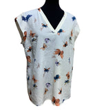 Elaine Rose Large 100% Polyester SIlky Feel Short Sleeve VNeck Butterfly Blouse