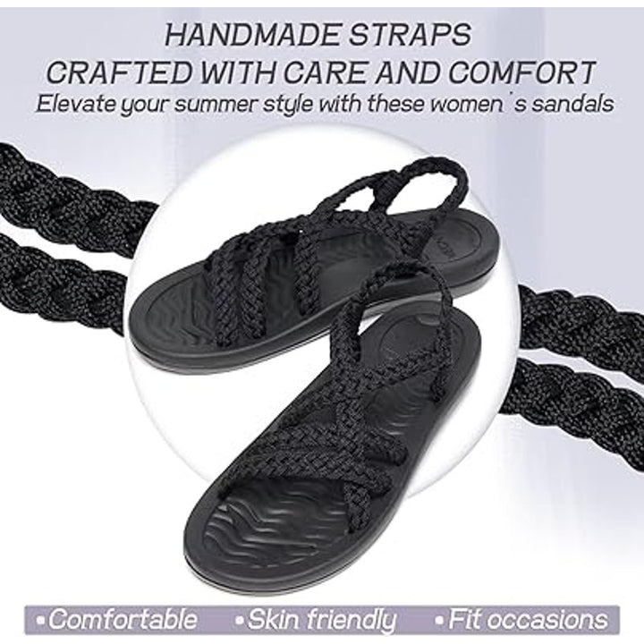 New Megnya Womens 7.5 Black Braided Strap Open Toe Slide On Cushioned Sandals