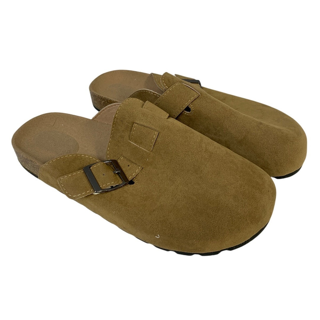 Womens Size 8 Brown Suede Clogs Closed Round Toe Buckle Strap Slip On Shoes