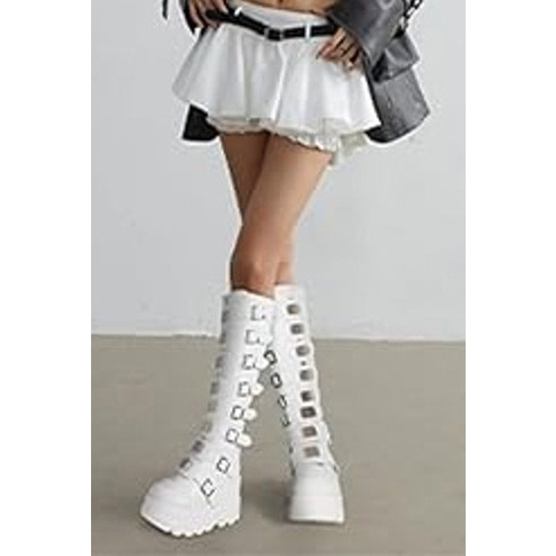 Celnepho Womens Size 10.5 White Faux Leather 3.5" Wedge Platform Knee High Boots