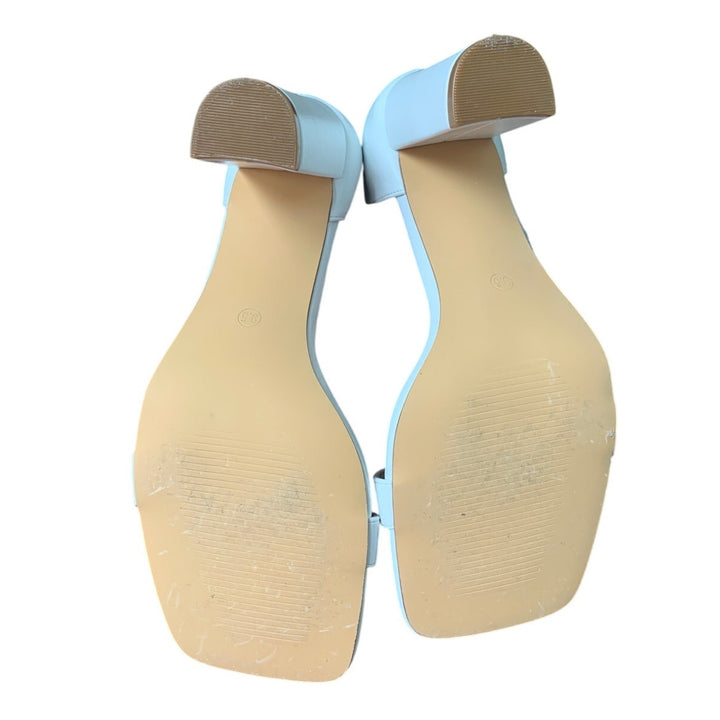 Womens 9.5 White 3.5" Block Heel Pearl Ribbon Ankle Strap Open Toe Wedding Shoes