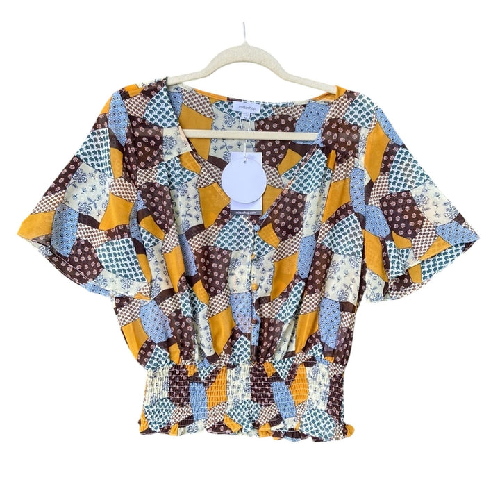 New Mittoshop Womens Large Patchwork Button Down Smocked Waist Cropped Sheer Top