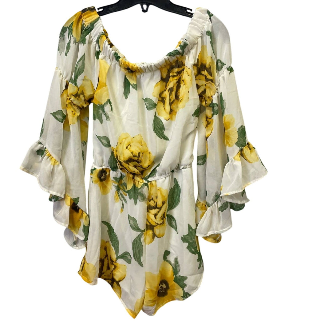Hint of Blush Small Off Shoulder Sunflower Ruffled Bell Sleeve Polyester Romper