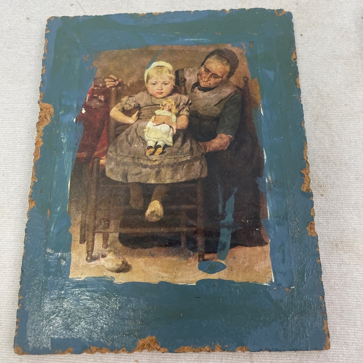 Pair of Vintage 1960s Handmade Religious Grandma Girl Decoupage Wood Art