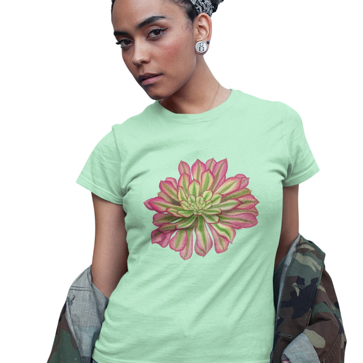 New Hand Printed 2XL Pink Green Succulent Cactus Cotton Blend Short Sleeve Tee