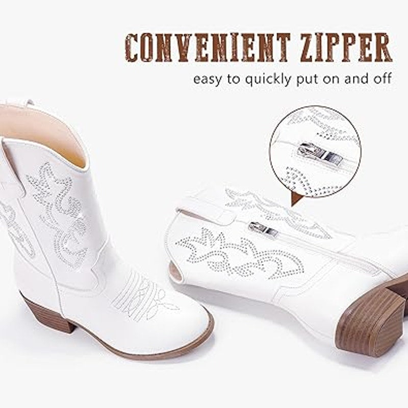 Laurmosa GIrls Size 6 White Faux Leather Silver Sparkle 1.5" Heel Cowboy Boots