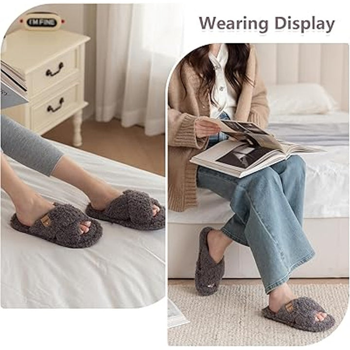 Goewy Womens Size 7-8 Gray Open Toe Fuzzy Memory Foam Slide On Slipper Shoes