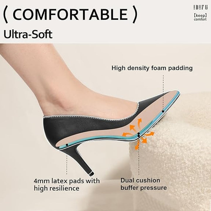 IDIFU Womens Size 7.5 Black 3" Stiletto Heel PU Leather Closed Pointed Toe Shoes