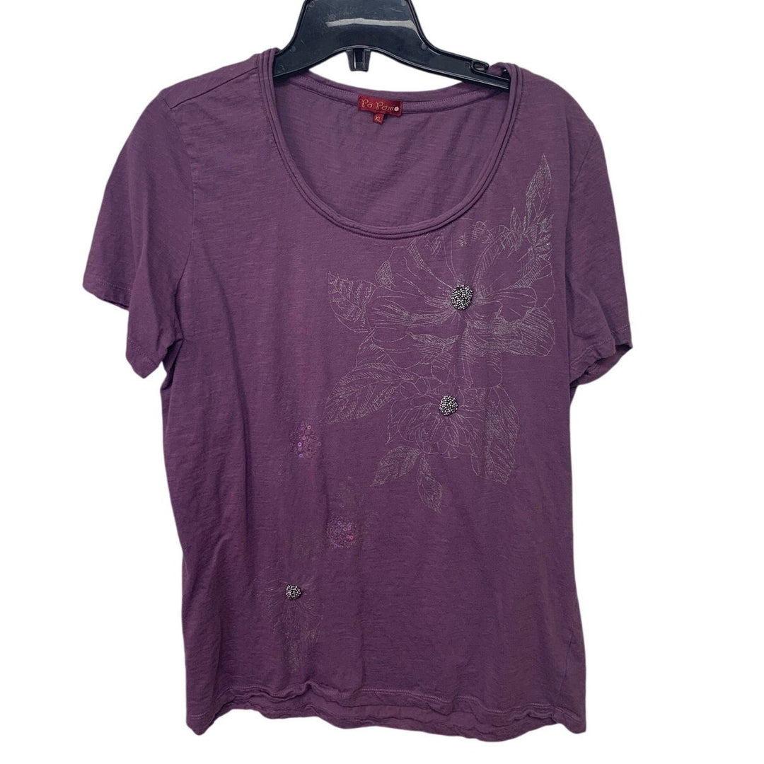 Lot of 3 Womens XL Green Purple Bling Floral Short Sleeve Summer Tops Shirts