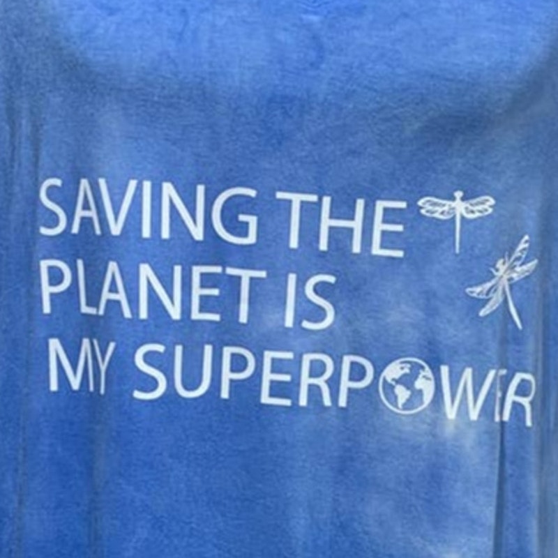 Hand Printed Upcycled Womens Large Dragonfly Saving the Planet Superpower Tee