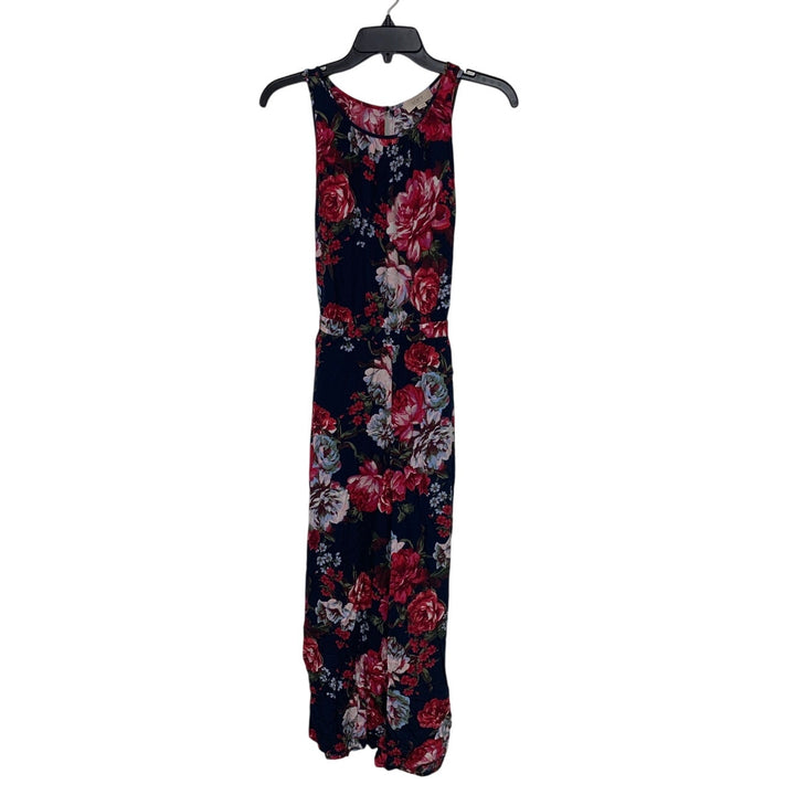 Loft Womens Small Navy Red Sleeveless Back Zip Tie Waist Floral Romper Jumpsuit