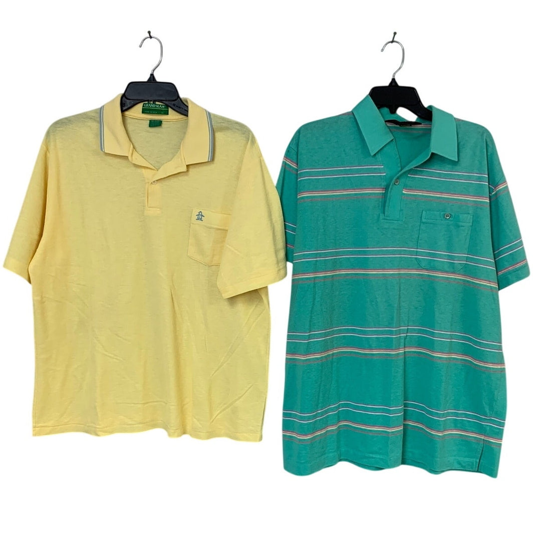 2 Vintage Grand Slam Players Mens XL Short Sleeve Striped Solid Polo Shirts