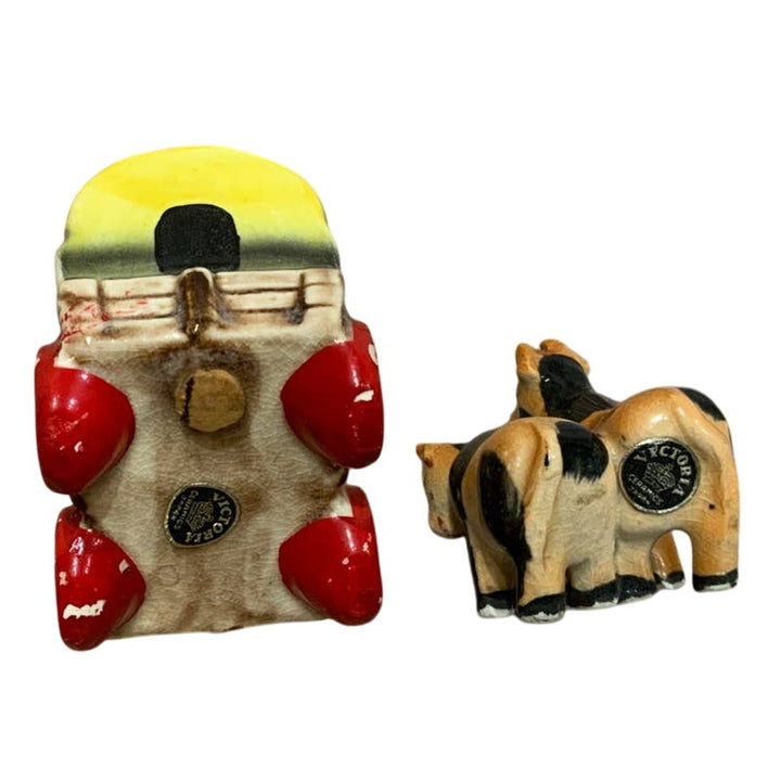 Vintage Victoria Ceramics Japan Cow Covered Wagon Salt Pepper Shaker Set
