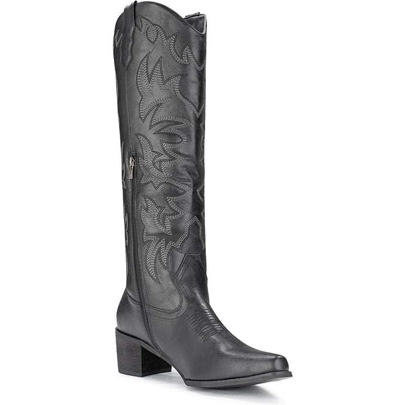 New IUV Womens 10 Black Faux Leather 2.25" Heel Knee High Cowboy Boots w Flaw