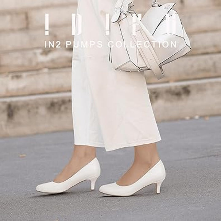 Idifu Womens 8.5 White Faux Leather Closed Toe 2.5" Heel Slide On Pumps Shoes