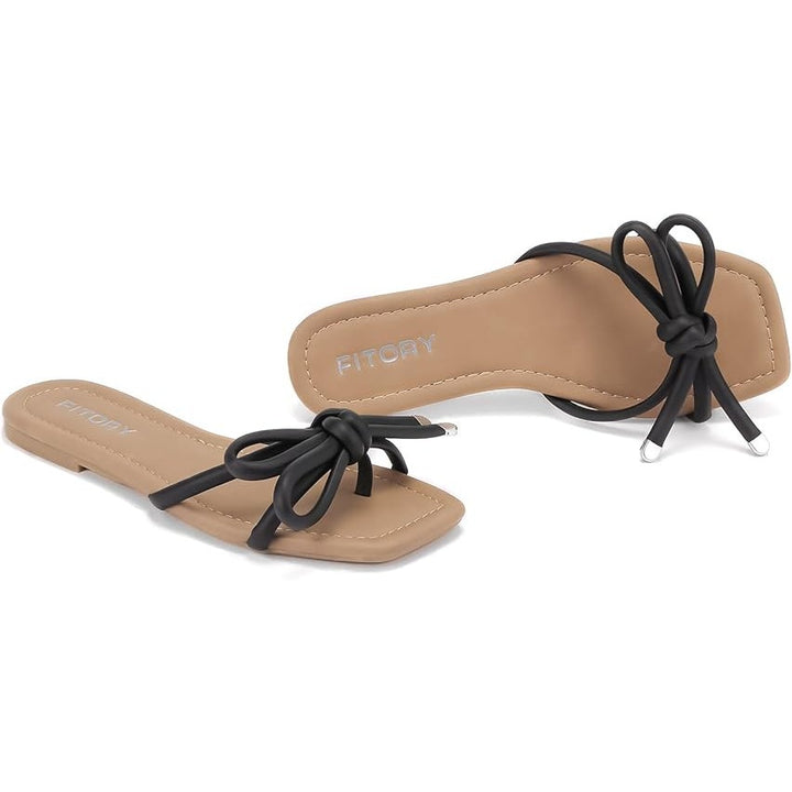 Fitory Womens Size 8 Black Open Toe Knotted Bows Flat Slip On Sandals Shoes