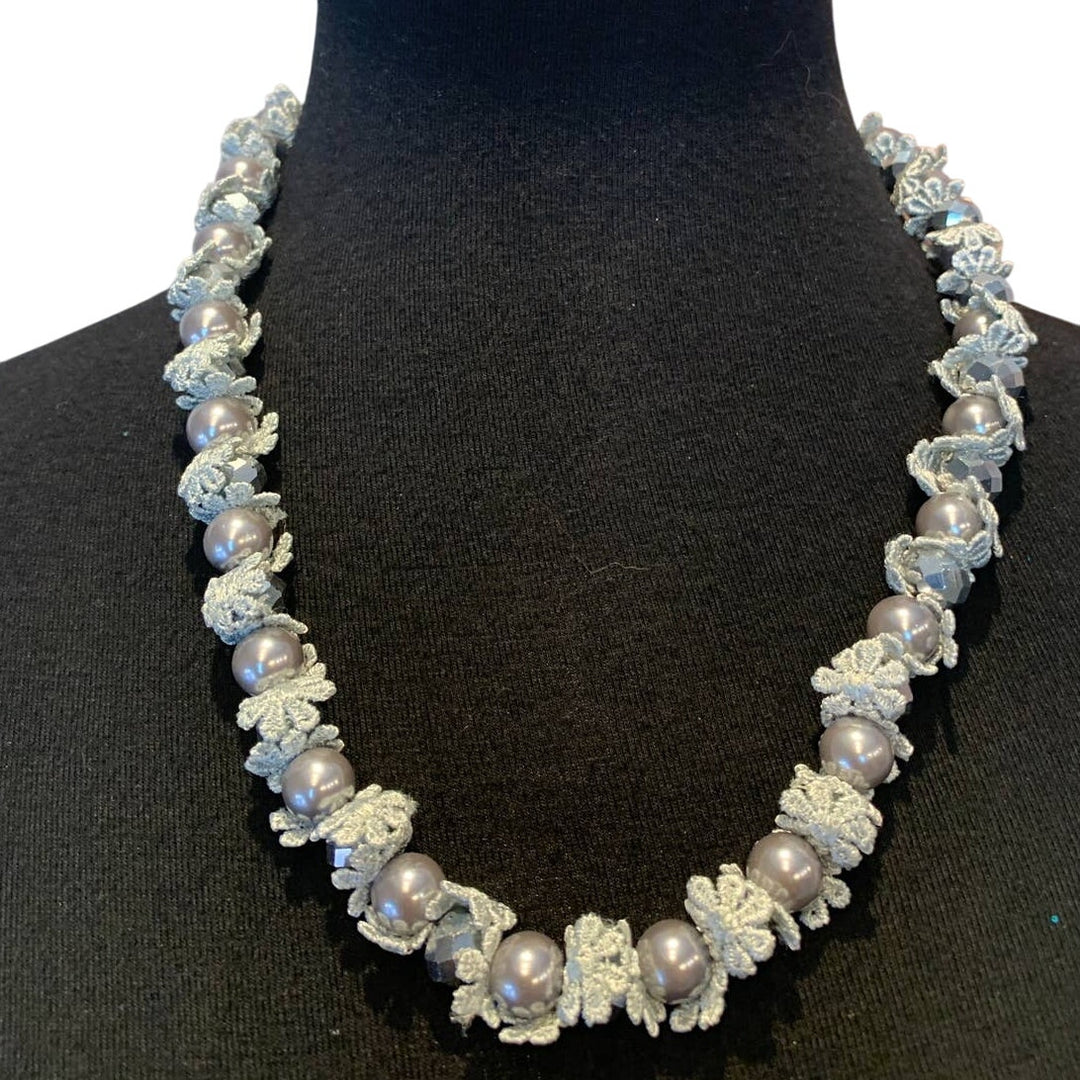 New 6 White Blue Pink Peach Silver Black Faux Pearl Lace Womens Necklaces Lot