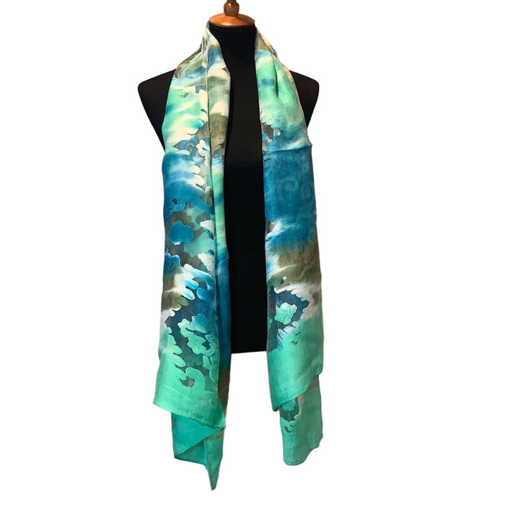New Long Sheer Blue Green Watercolor Lightweight Fashion Scarf Wrap