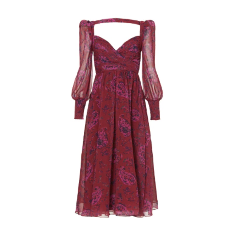 Badgley Mischka Size 6 Pink Purple Floral Flowy Open Back Long Sleeve Midi Dress