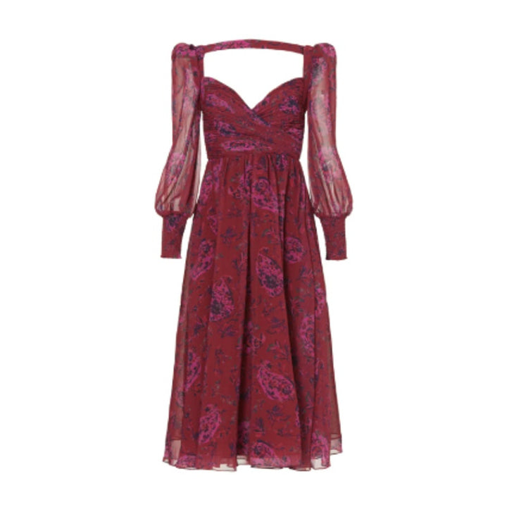 Badgley Mischka Size 6 Pink Purple Floral Flowy Open Back Long Sleeve Midi Dress